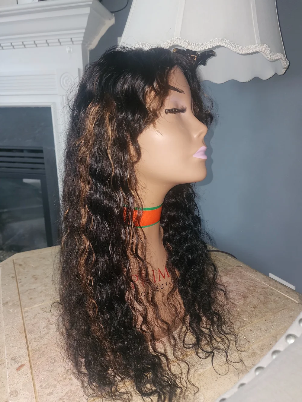 Wavy Long Black Wig with Caramel Highlights - Human Hair